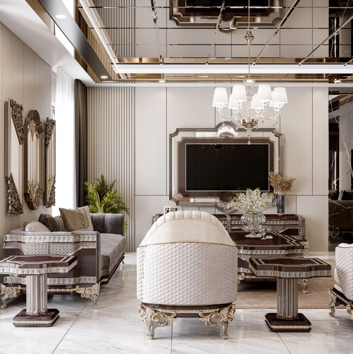 Luxus Barock Sofa Grau / Dunkelbraun / Gold 265 cm