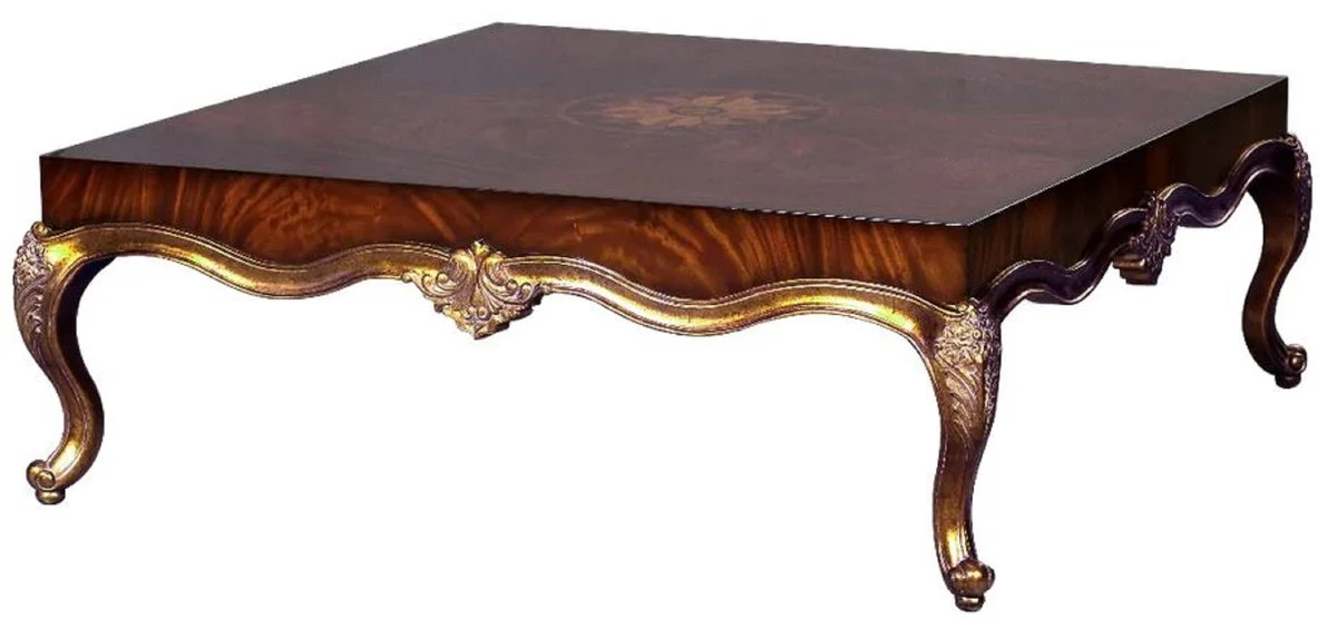 Luxus Barock Couchtisch Braun Intarsien / Antik Gold 130 x 130 x H. 46 cm - Prunkvoller Wohnzimmertisch im Barockstil - Barock Möbel - Luxus Möbel im Barockstil - Edel & Prunkvoll