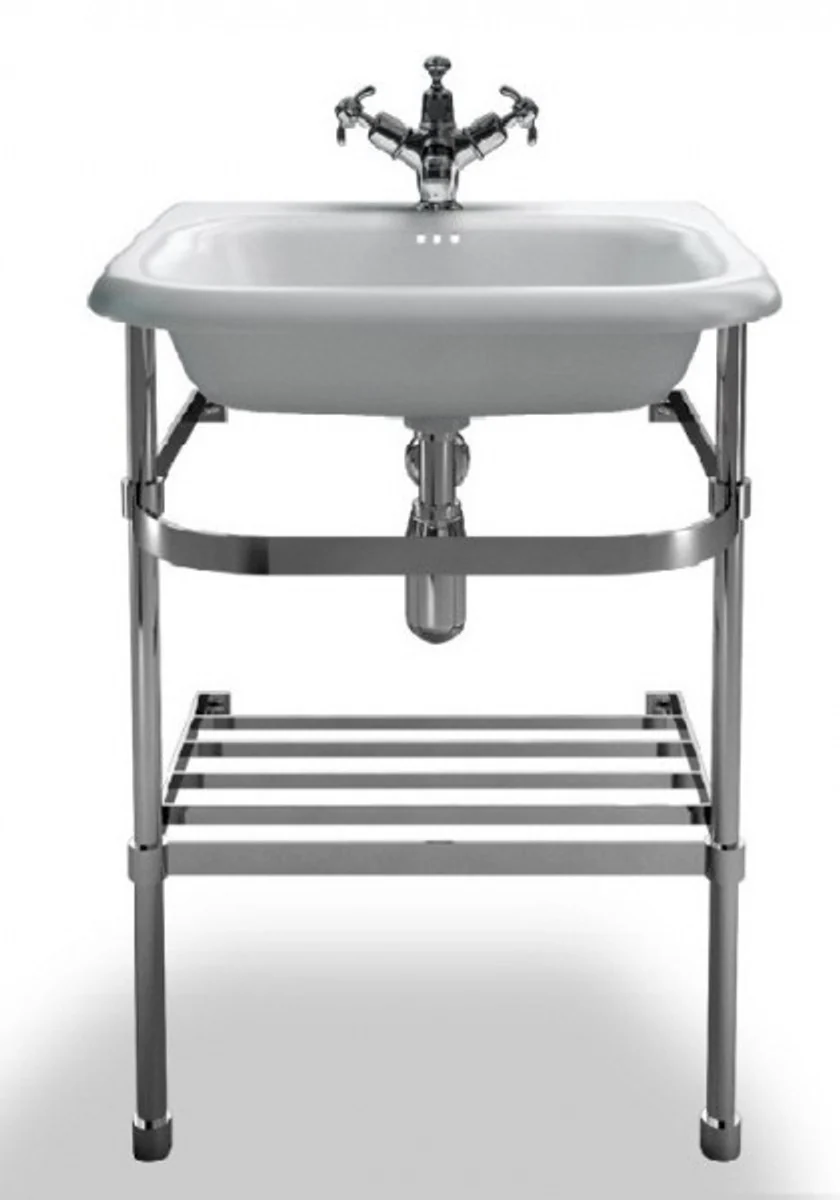 Jugendstil Stand Waschtisch Naturstein Weiß / Edelstahl B 55cm - Art Deco Waschbecken Barock Antik Stil