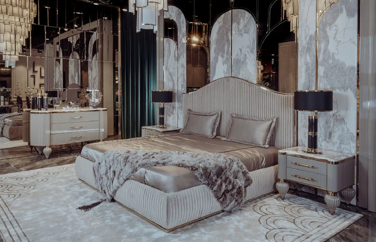 Luxus Art Deco Kommode Grau / Weiß / Gold - Prunkvolle Kommode mit 3 Schubladen und Kunstmarmor Platte - Art Deco Schlafzimmer & Hotel Möbel - Luxus Kollektion