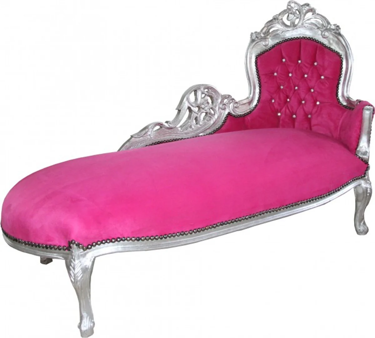 Barock Chaiselongue King Rosa / Silber mit Bling Bling Glitzersteinen