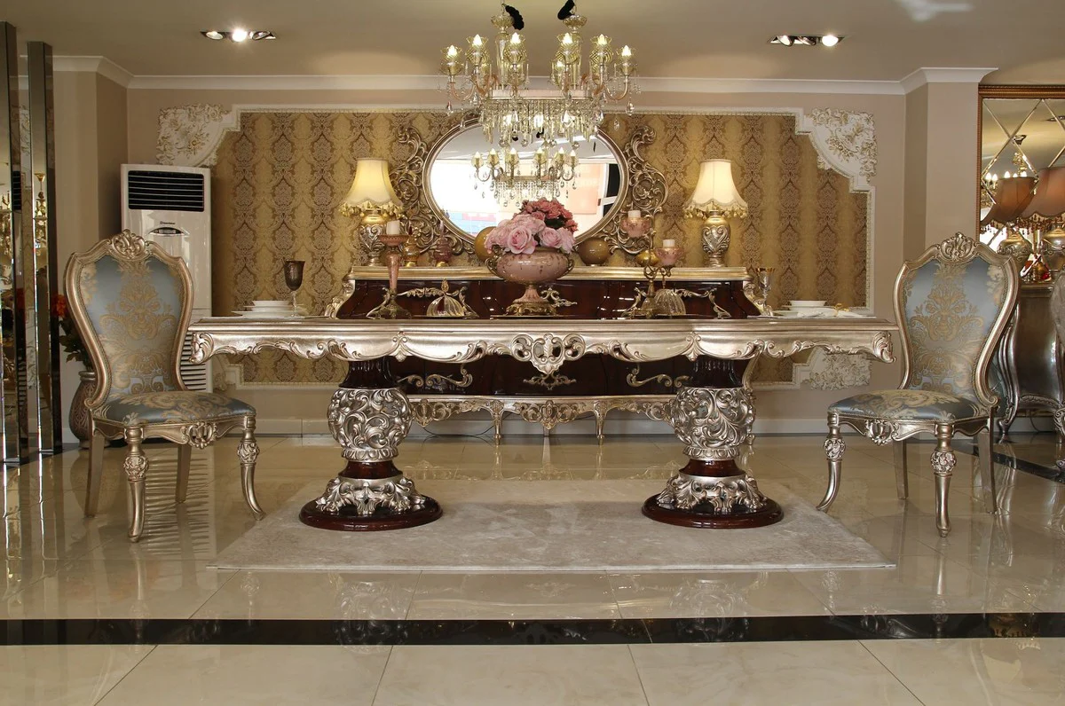 Luxus Barock Esszimmerstuhl Hellblau / Beige / Silber - Prunkvoller Massivholz Küchenstuhl mit elegantem Muster - Barock Esszimmer Möbel