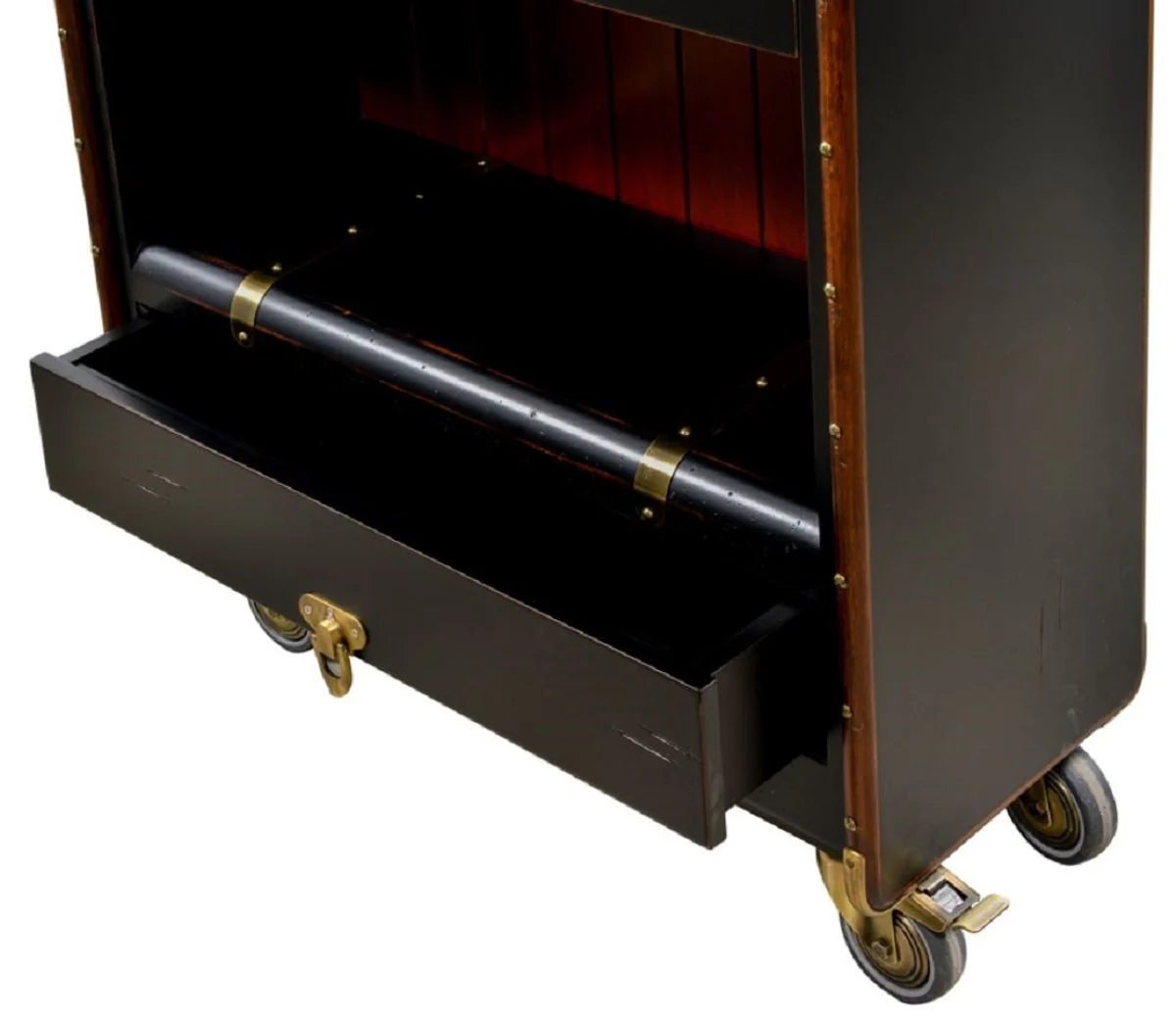 Luxus Regalschrank in Koffer Optik Schwarz / Rot / Braun / Messing 84 x 35 x H. 200 cm - Massivholz Kofferschrank mit Rollen - Büro Schrank - Büro Möbel - Luxus Möbel