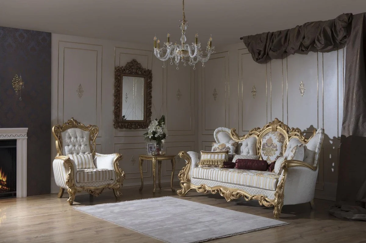Luxus Barock Wohnzimmer Set Weiß / Grau / Gold - 2 Sofas & 2 Sessel & 1 Couchtisch - Barock Wohnzimmer Möbel - Edel & Prunkvoll