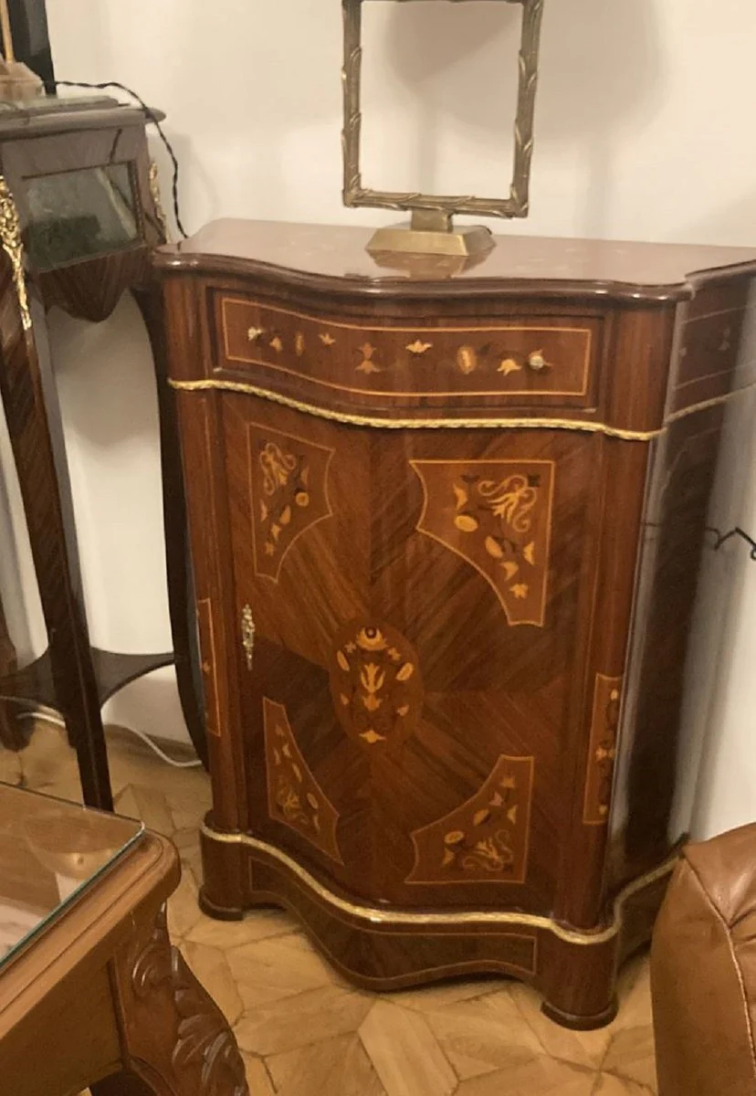 Barock Kommode mit Schublade und Tür Braun Intarsien / Gold - Handgefertigter Massivholz Schrank im Barockstil - Möbel im Barockstil - Barock Möbel - Barock Einrichtung