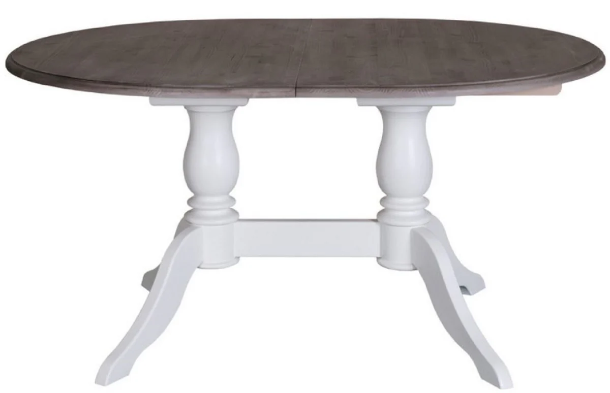 Landhausstil Esstisch Weiß / Braun 160-230 x 120 x H. 78 cm - Ovaler ausziehbarer Massivholz Küchentisch im Landhausstil