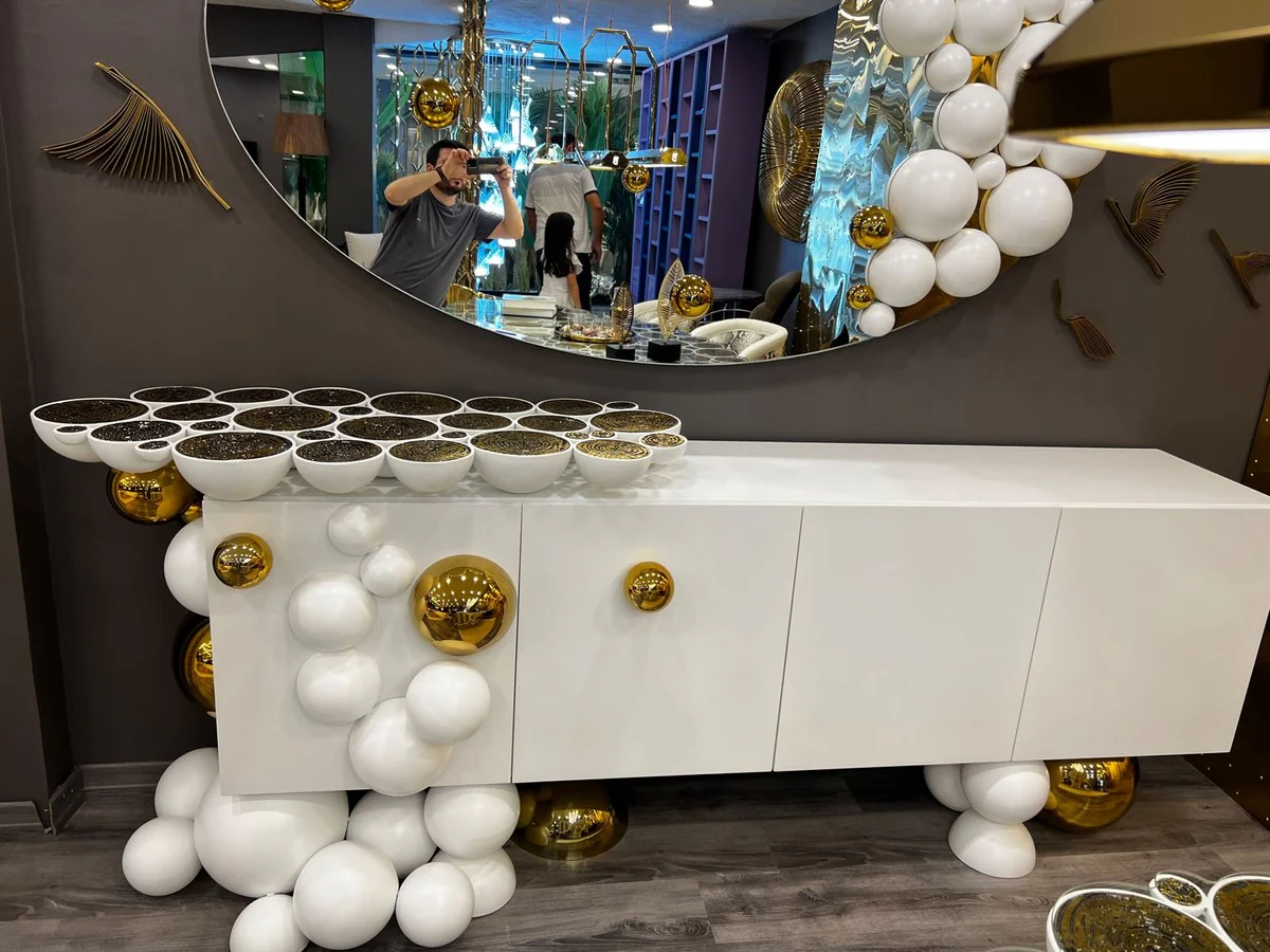 Luxus Designer Spiegel Weiß / Gold 190 x H. 120 cm - Ovaler Wandspiegel - Garderoben Spiegel - Luxus Möbel - Hotel Möbel - Designer Möbel