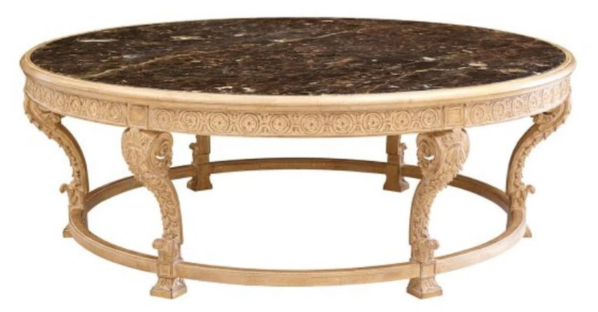 Luxus Barock Couchtisch mit Marmorplatte Naturfarben / Schwarz - Runder Wohnzimmertisch im Barockstil - Barock Möbel - Edel & Prunkvoll - Luxus Qualität - Made in Italy