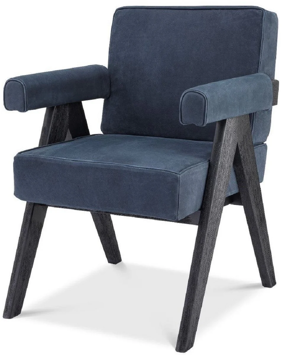 Luxus Echtleder Esszimmerstuhl mit Armlehnen Blau / Schwarz 64 x 70 x H. 87,5 cm - Küchenstuhl mit edlem Nubuk Büffelleder - Luxus Esszimmer Möbel