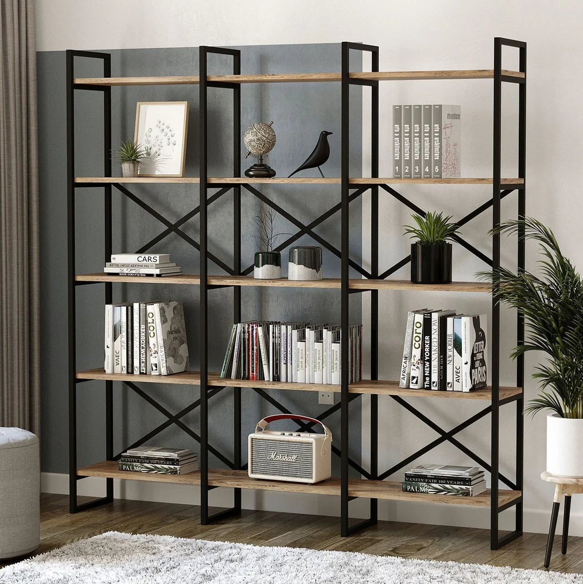 Luxus Regalschrank mit Massivholz Regalen Schwarz / Naturfarben 170 x 30 x H. 175 cm - Bücherschrank - Wohnzimmer Schrank - Büro Schrank - Wohnzimmer Möbel - Büro Möbel - Luxus Möbel