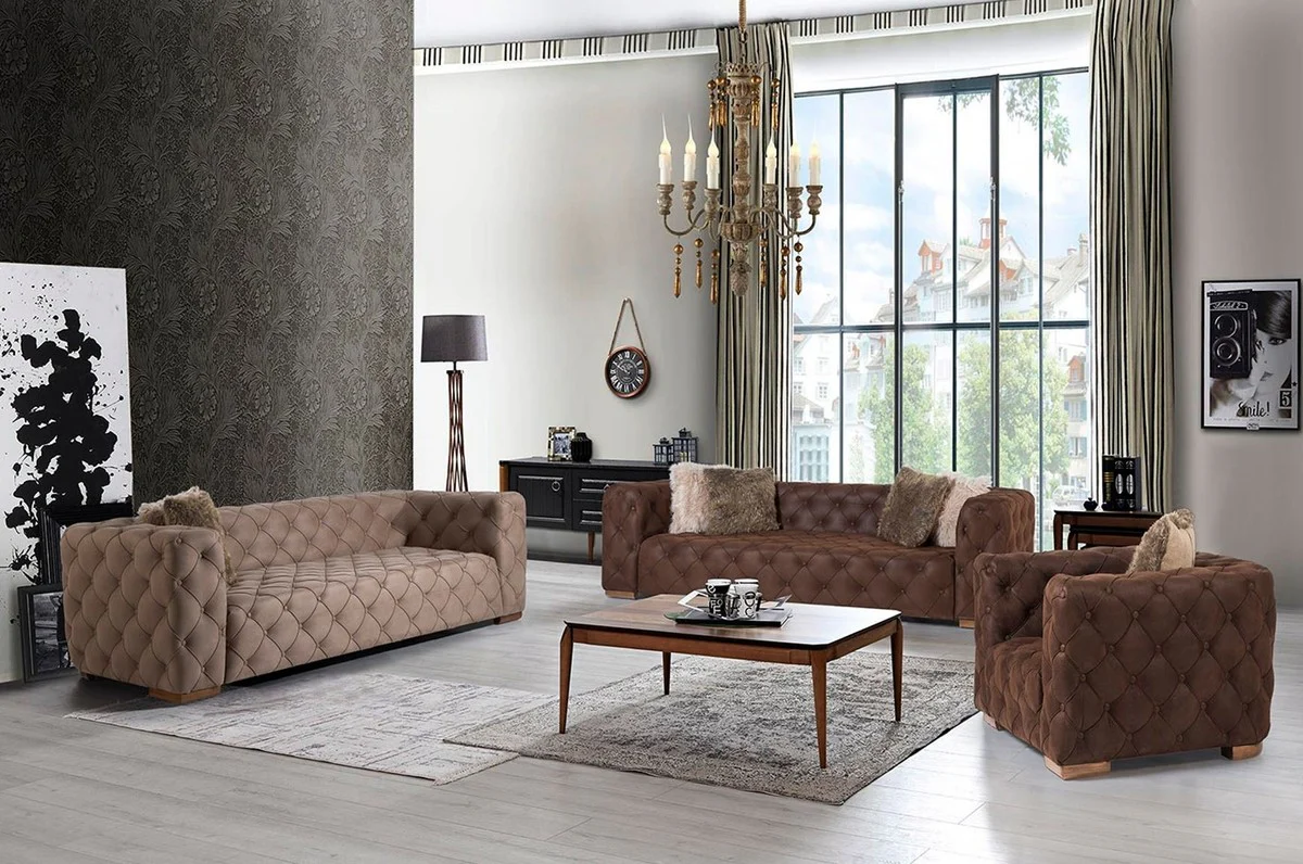 Luxus Chesterfield 3er Sofa Grau / Braun 240 x 95 x H. 81 cm - Chesterfield Wohnzimmer Sofa - Chesterfield Wohnzimmer Möbel - Luxus Kollektion