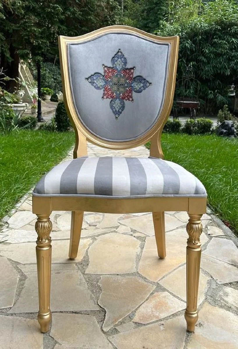 Luxus Art Deco Esszimmer Stuhl mit Design und Streifen Grau / Weiß / Mehrfarbig / Gold - Eleganter Massivholz Stuhl - Art Deco Esszimmer Möbel