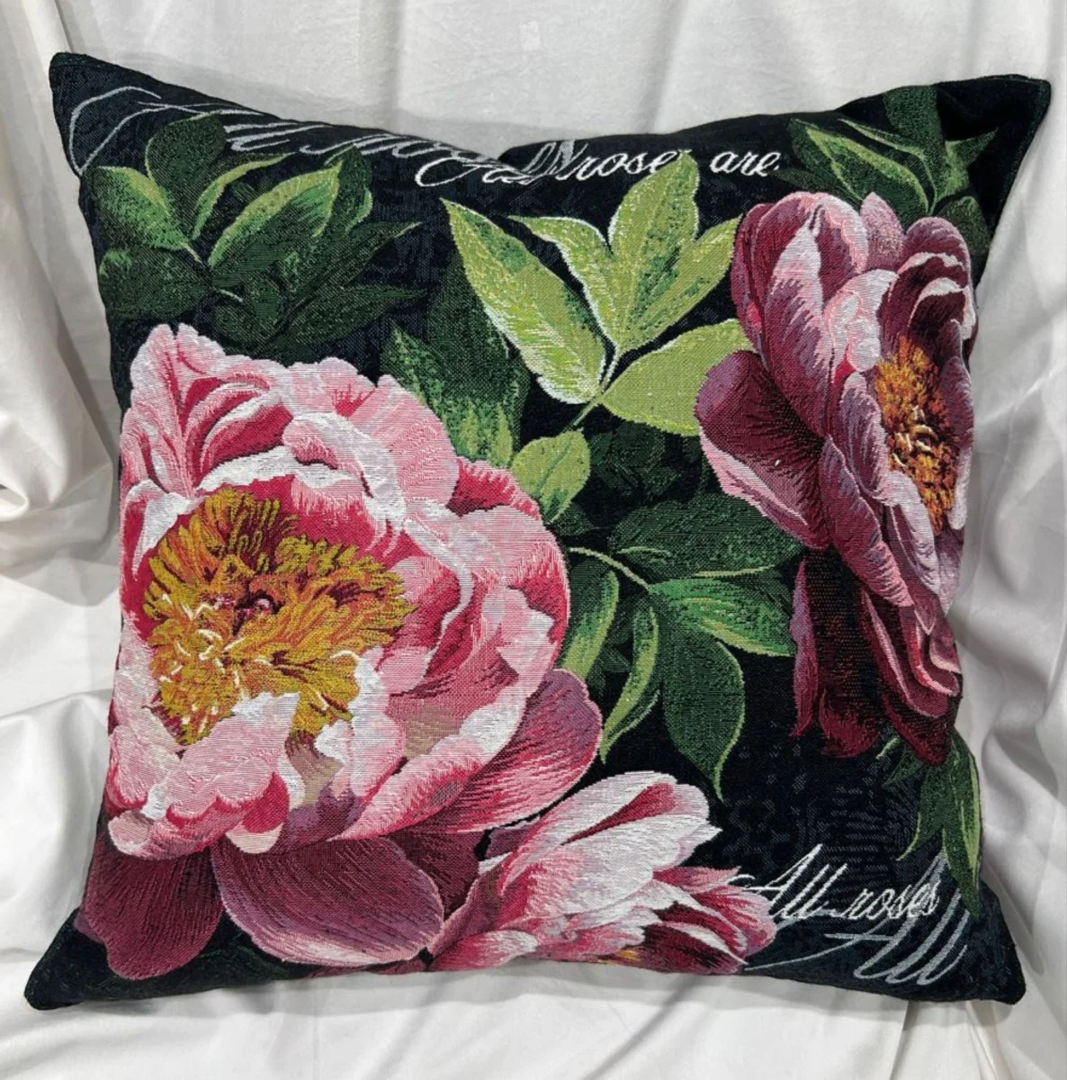 Luxus Deko Kissen Rosen Schwarz / Mehrfarbig 45 x 45 cm - Bedrucktes Zierkissen mit edlem Gobelin Stoff - Luxus Deko Accessoires