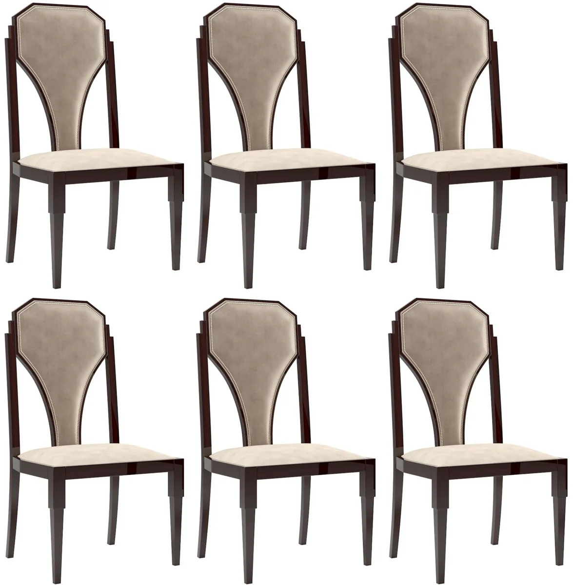 Luxus Art Deco Esszimmer Stuhl Set Beige / Dunkelbraun / Silber 55 x 55 x H. 110 cm - Edles Küchen Stühle 6er Set - Art Deco Esszimmer Möbel