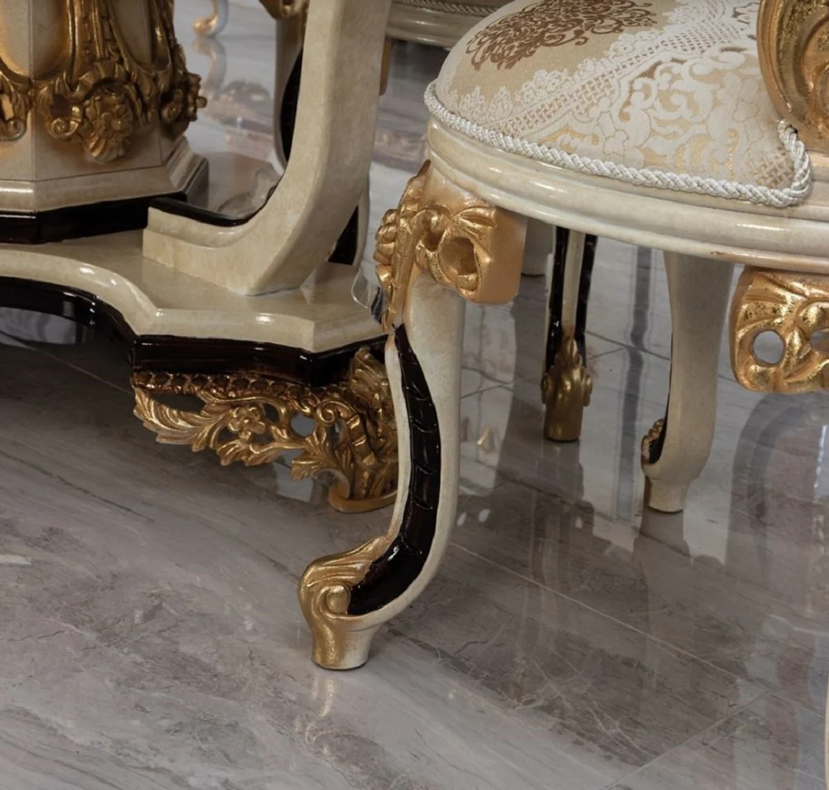 Luxus Barock Esszimmerstuhl 6er Set Weiß / Creme / Beige / Schwarz / Gold - Barockstil Küchenstühle mit Muster - Luxus Esszimmer Möbel im Barockstil - Barock Esszimmer Möbel