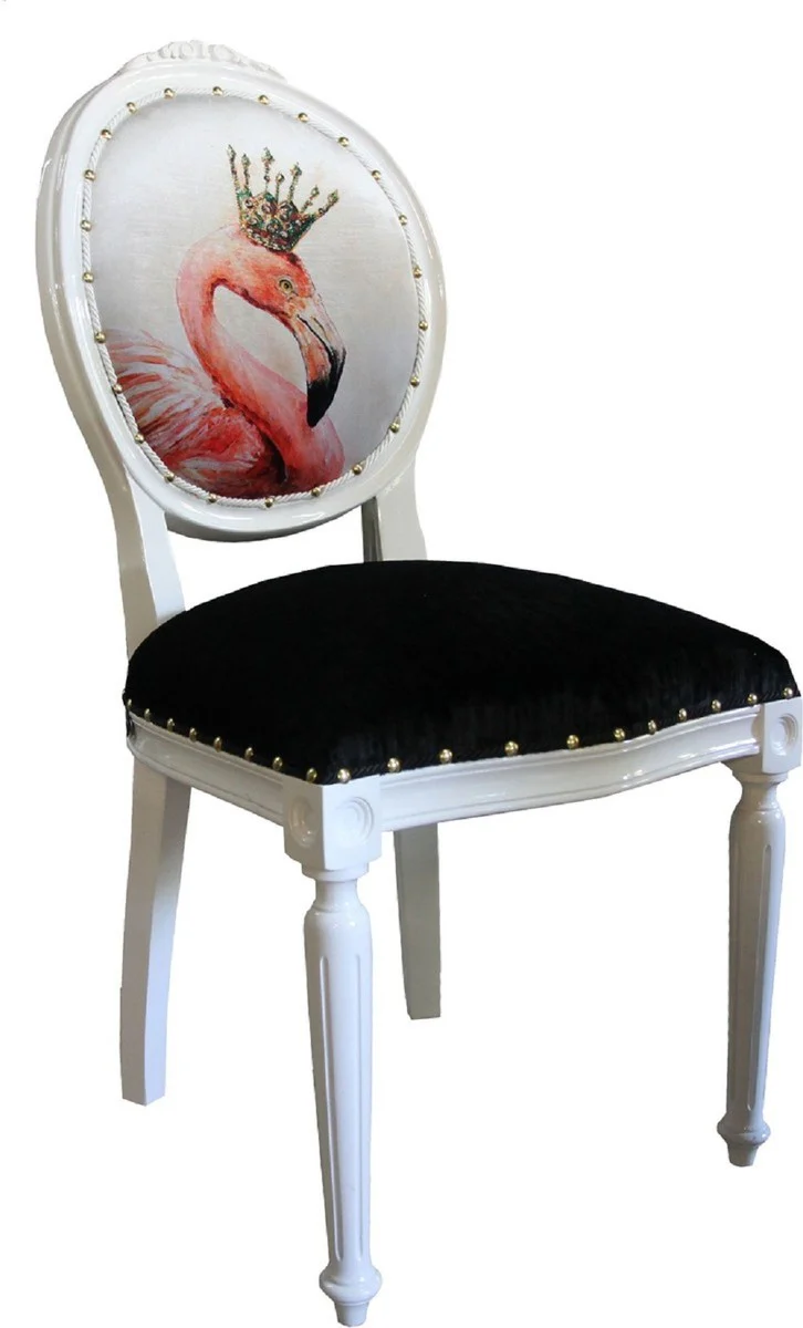 Luxus Barock Esszimmer Set Flamingo mit Krone Weiß / Schwarz / Mehrfarbig 48 x 50 x H. 98 cm - 4 handgefertigte Esszimmerstühle mit Bling Bling Glitzersteinen - Barock Esszimmermöbel