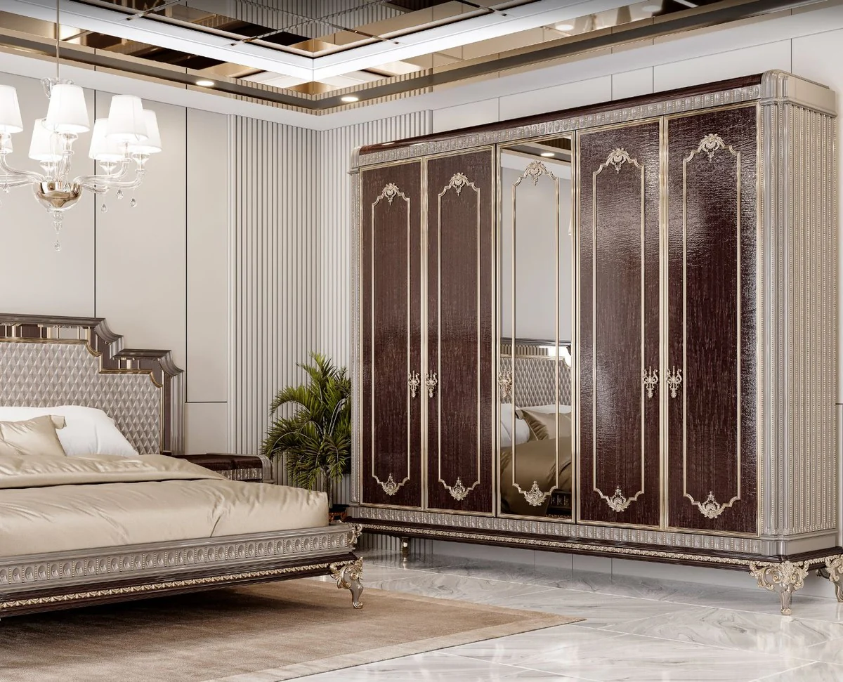 Luxus Barock Doppelbett und 2 Nachtkommoden Grau / Dunkelbraun / Gold