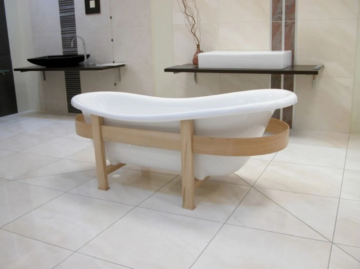 Luxus Retro Badewanne Weiß / Naturfarben 178 x 76 x H. 73 cm - Freistehende Badewanne mit Holzrahmen - Retro Badezimmer Möbel