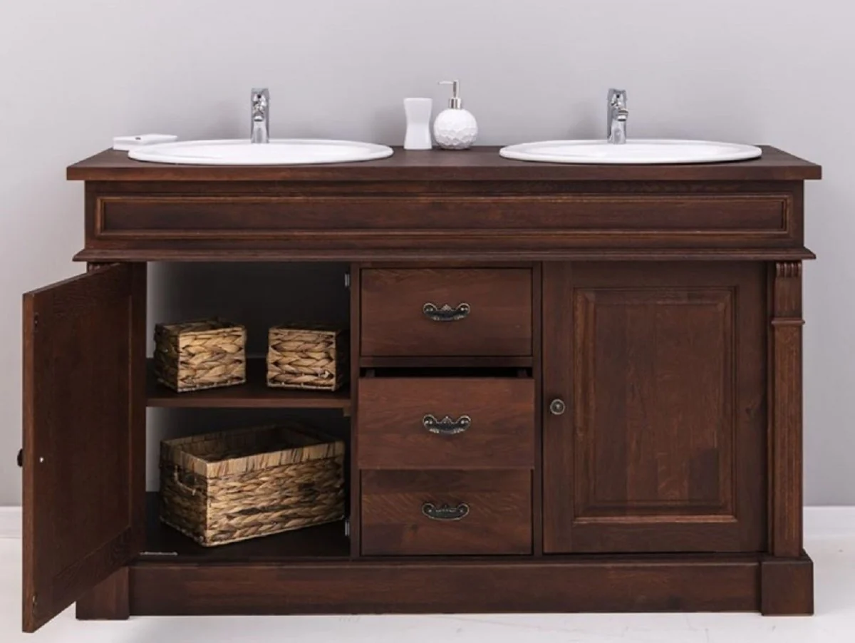 Landhausstil Doppel Waschbeckenschrank mit 2 Keramik Waschbecken Dunkelbraun / Weiß 150 x 51 x H. 91 cm - Massivholz Badezimmer Möbel im Landhausstil - Landhausstil Möbel