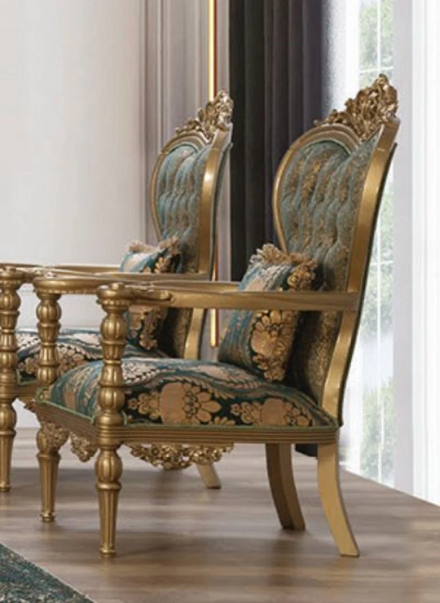 Luxus Barock Wohnzimmer Set Grün / Gold - 2 Sofas & 2 Sessel & 1 Couchtisch - Wohnzimmer Möbel im Barockstil - Edel & Prunkvoll
