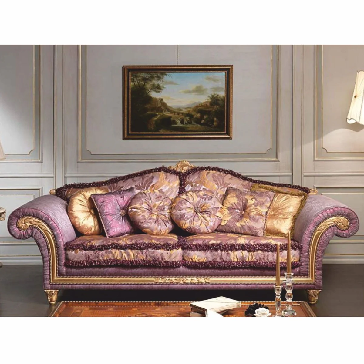 Luxus Barock Hotel & Wohnzimmer Sofa Lila / Gold 260 cm - Made in Italy