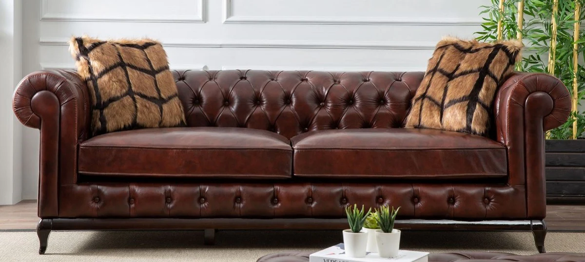 Luxus Chesterfield Kunstleder Sofa Dunkelbraun 235 x 90 x H. 75 cm - Wohnzimmer Sofa - Wohnzimmer Möbel - Luxus Möbel - Wohnzimmer Einrichtung - Luxus Einrichtung - Möbel Luxus