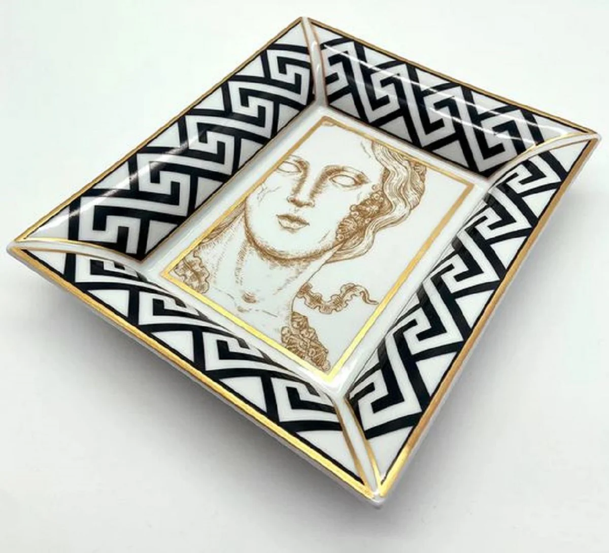 Luxus Deko Schale Göttin Weiß / Schwarz / Gold 20,5 x 17,5 x H. 13,5 cm - Handbemalte Porzellan Schale - Luxus Qualität - Made in Italy