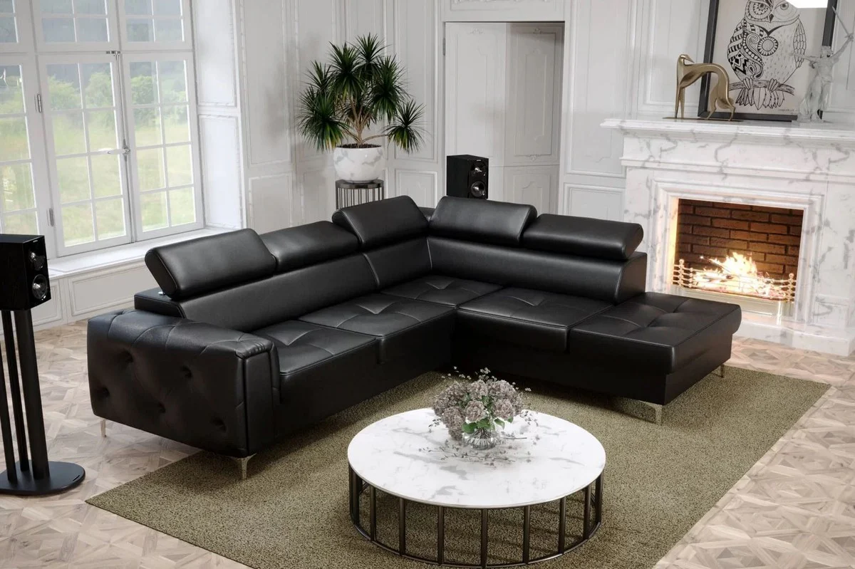 Luxus Leder Ecksofa Schwarz / Silber 255 x 225 x H. 78-99 cm - Naturleder Wohnzimmer Sofa mit verstellbaren Kopfstützen - Wohnzimmer Möbel - Leder Möbel - Luxus Möbel