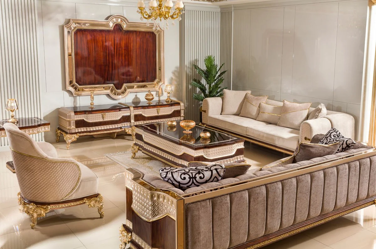 Luxus Barock Couchtisch Dunkelbraun / Grau / Gold 156 cm - Barock Möbel