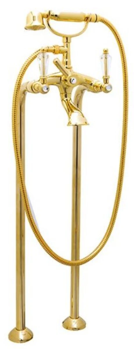 Luxus Jugendstil Badewannenarmatur mit Swarovski Kristallglas Gold - Freistehende Badewannen Armatur mit Standfüßen und Handbrause - Nostalgisches Badezimmer Zubehör