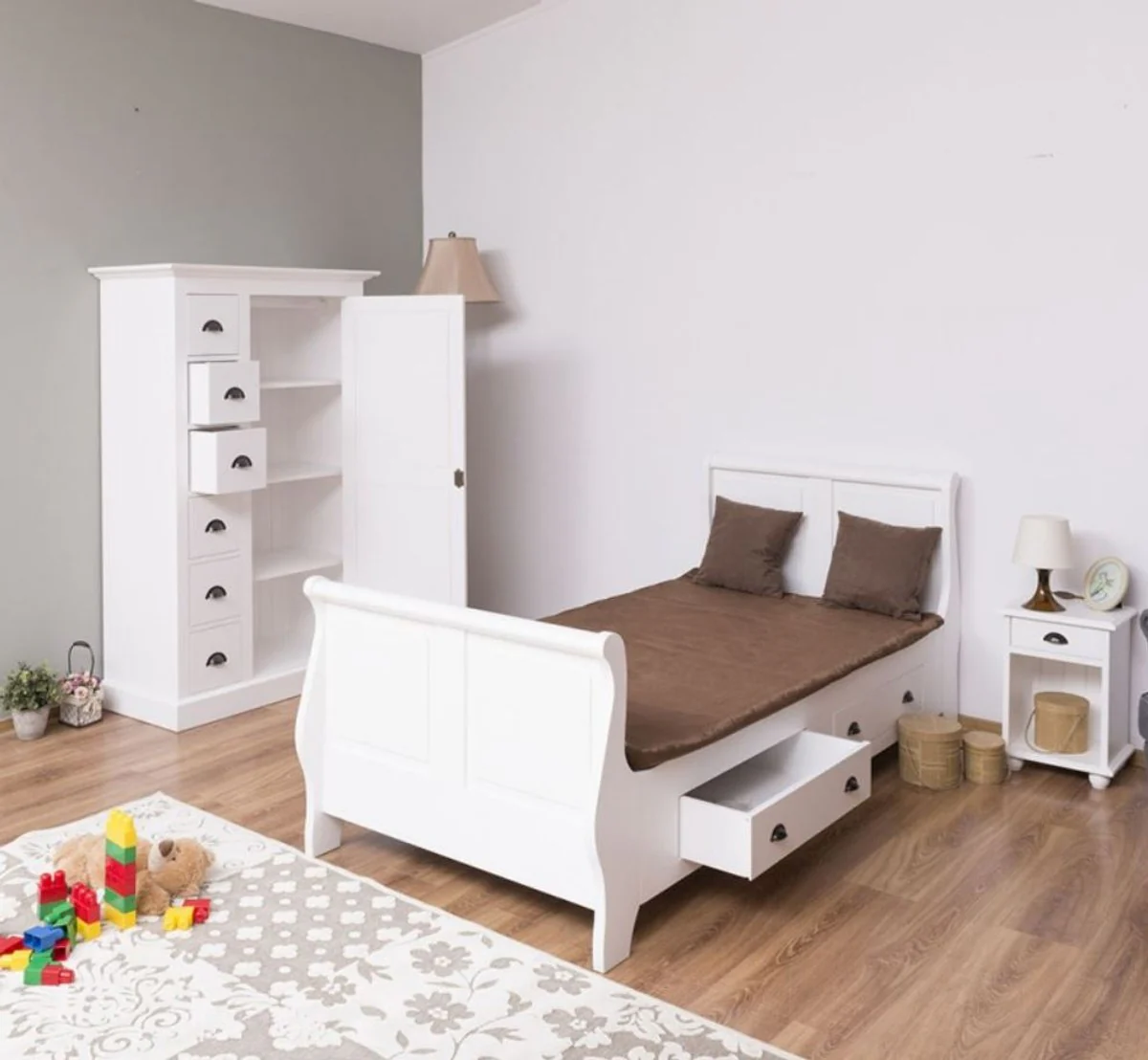 Landhausstil Massivholz Kinderzimmer Möbel Set Weiß - 1 Einzelbett & 1 Kleiderschrank & 1 Nachttisch - Landhausstil Möbel
