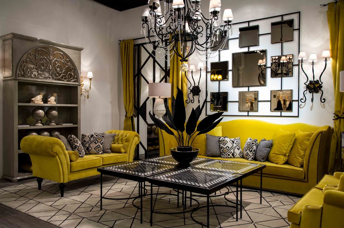 Luxus Jugendstil Couchtisch Schwarz / Weiß 80 x 80 x H. 45 cm - Handgefertigter Schmiedeeisen Tisch mit Keramik Fliesen Tischplatte - Wohnzimmer Garten Terrassen Tisch Möbel