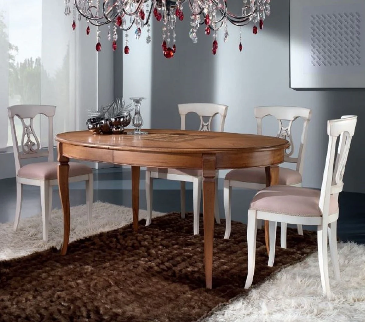 Luxus Biedermeier Esstisch Braun Intarsien - Ovaler ausziehbarer Massivholz Esszimmertisch - Biedermeier Esszimmer Möbel - Luxus Qualität - Made in Italy