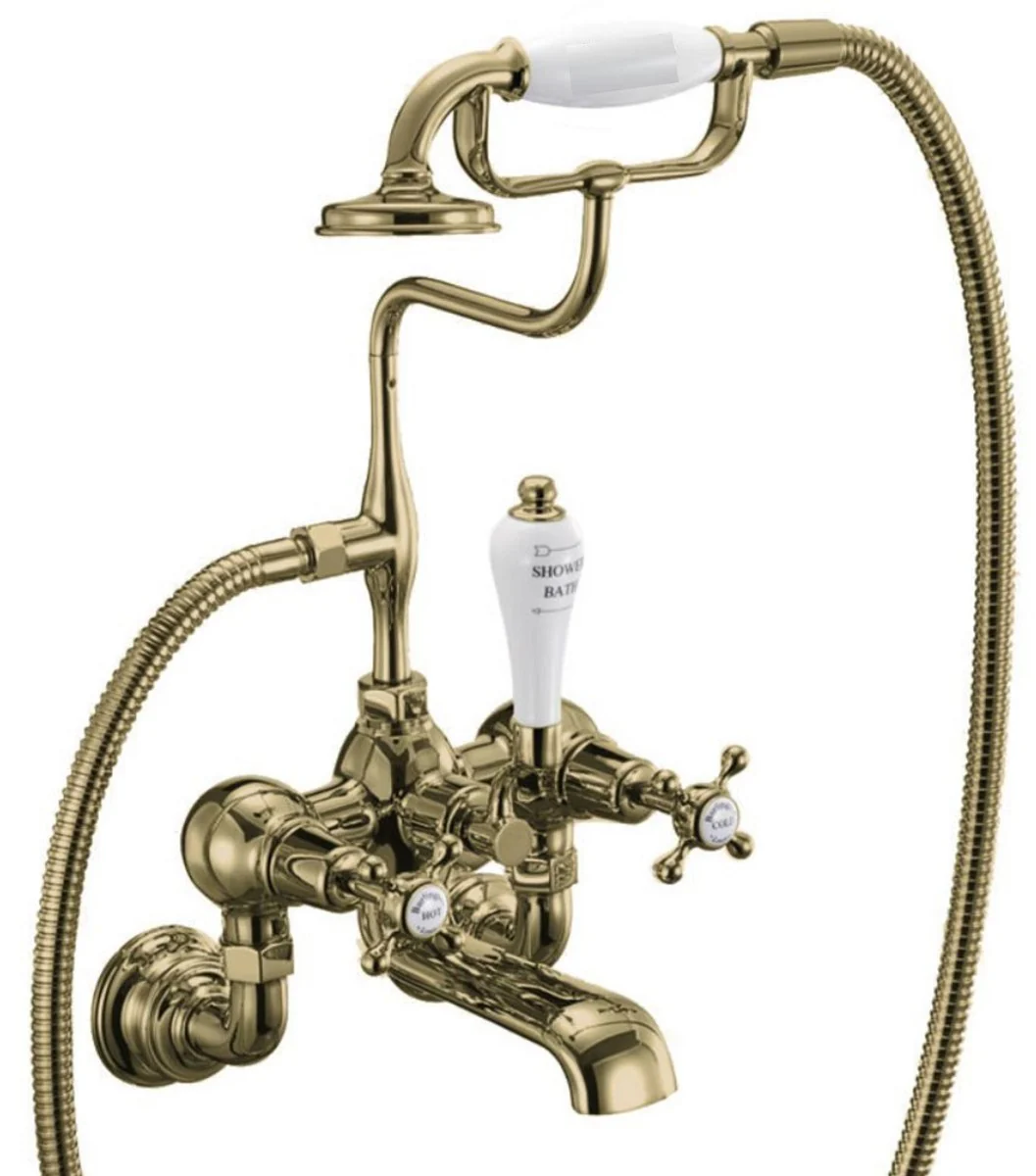 Luxus Jugendstil Aufputz Badewannenarmatur Gold / Weiß H. 46,95 cm - Nostalgische Messing Badewannen Armatur mit Handbrause - Nostalgisches Badezimmer Zubehör