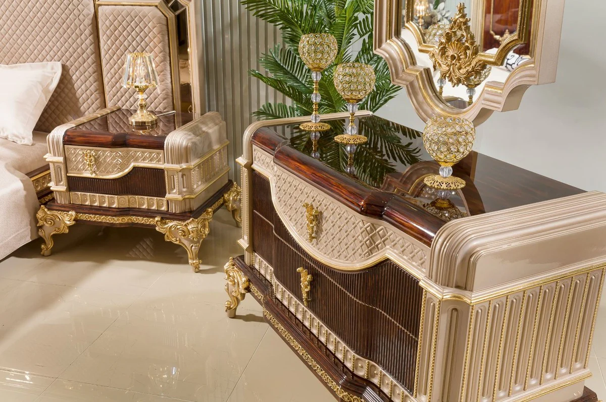 Luxus Barock Kommode mit Spiegel Dunkelbraun / Grau / Gold - Barock Möbel