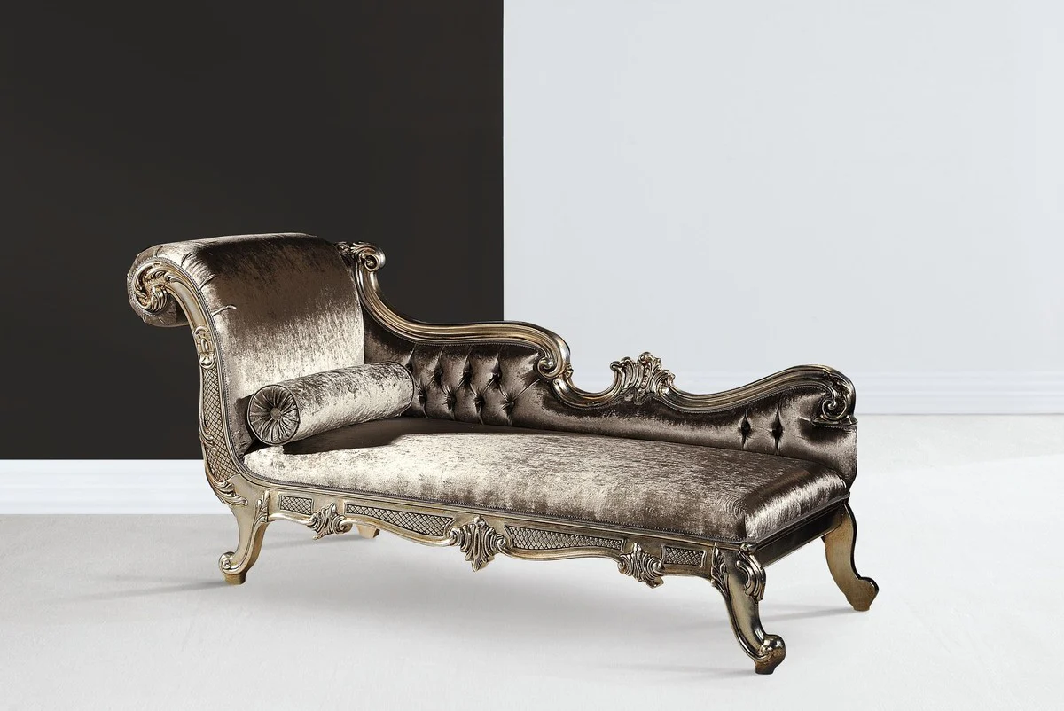 Luxus Barock Chaiselongue Silber / Silber Gold - Prunkvolle Massivholz Recamiere - Luxus Wohnzimmer Möbel im Barockstil - Luxus Qualität - Made in Italy