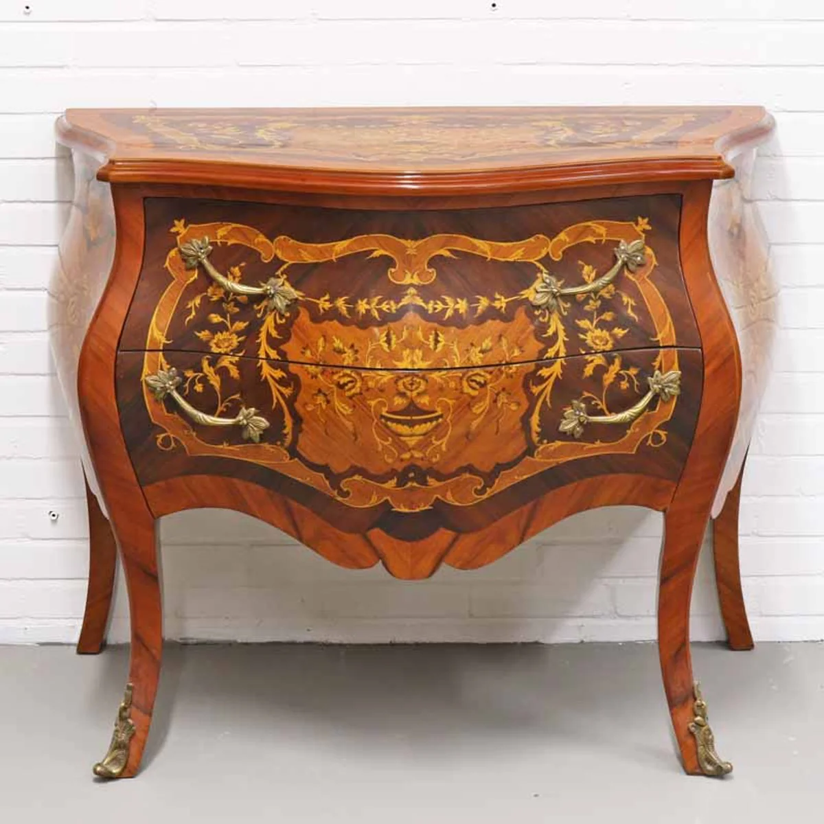 Barock Kommode mit 2 Schubladen in mahaginibraun Intarsien / messing 100 x 55 x H. 85 cm - Barockstil Möbel