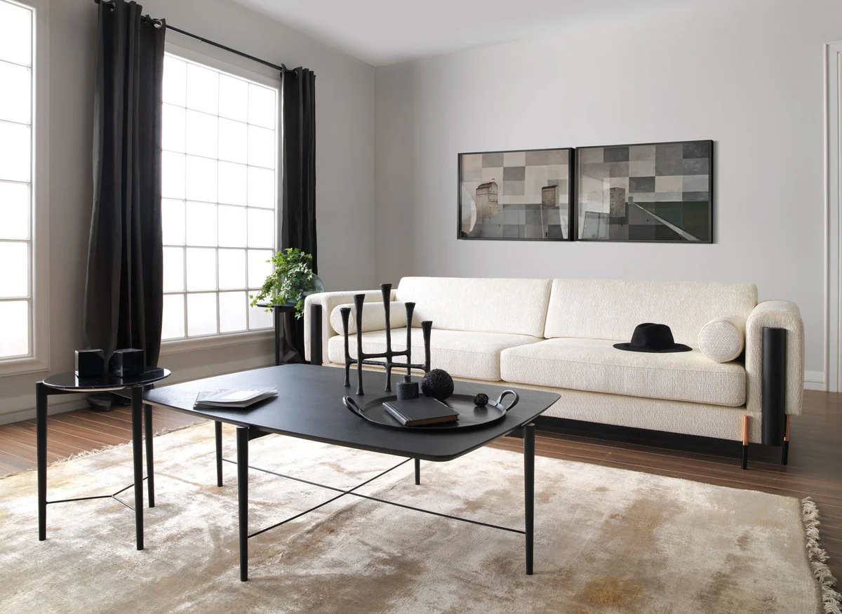 Luxus Sofa Cremeweiß / Matt Schwarz / Kupfer 260 x 107 x H. 78 cm - Wohnzimmer Sofa - Hotel Sofa - Wohnzimmer Möbel - Hotel Möbel - Luxus Möbel - Luxus Einrichtung