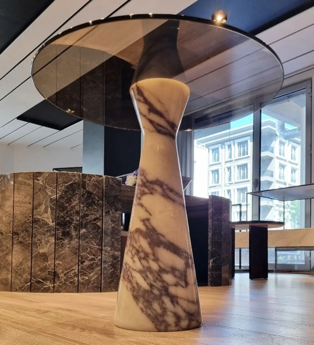 Luxus Marmor Beistelltisch mit Glasplatte Weiß / Schwarz Ø 48 cm
