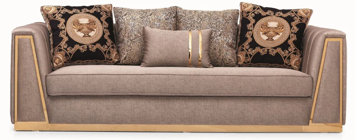 Luxus Wohnzimmer Sofa mit dekorativen Kissen Grau / Gold 240 x 92 x H. 78 cm - Luxus Wohnzimmer Möbel