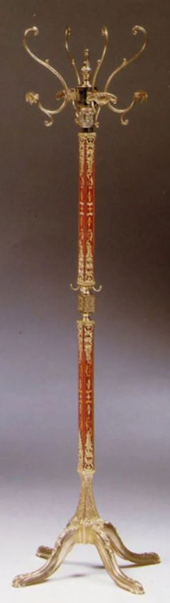 Luxus Barock Garderobenständer Gold / Rot 40 x 40 x H. 175 cm - Edler Messing Kleiderständer - Barock Hotel Garderoben Möbel