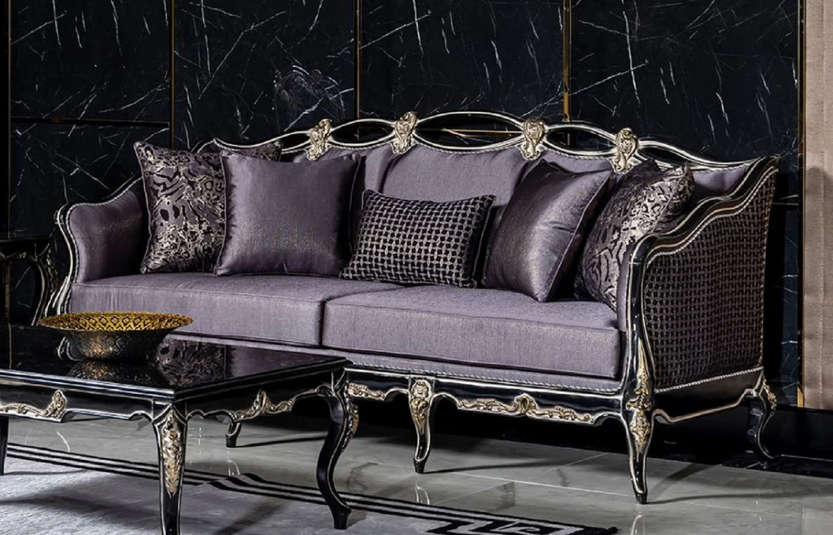Luxus Barock Sofa Lila / Schwarz / Gold - Handgefertigtes Wohnzimmer Sofa mit dekorativen Kissen - Wohnzimmer Möbel im Barockstil - Edel & Prunkvoll