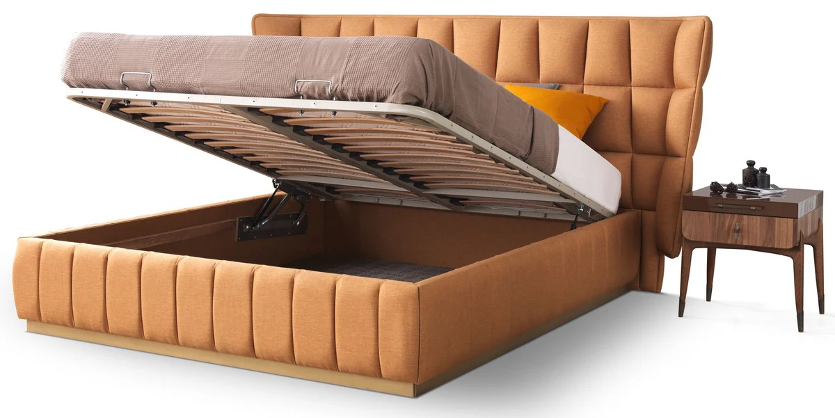 Luxus Doppelbett Hellbraun / Beige 247 x 214 x H. 126 cm - Massivholz Bett - Schlafzimmer Möbel - Hotel Möbel - Luxus Möbel - Luxus Einrichtung