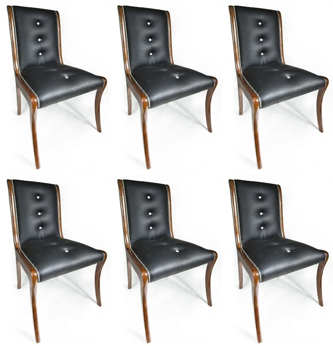 Luxus Leder Esszimmer Stuhl 6er Set mit Glitzersteinen Schwarz / Braun 50 x 47 x H. 95 cm - Echtleder Küchenstühle - Echtleder Möbel - Luxus Möbel