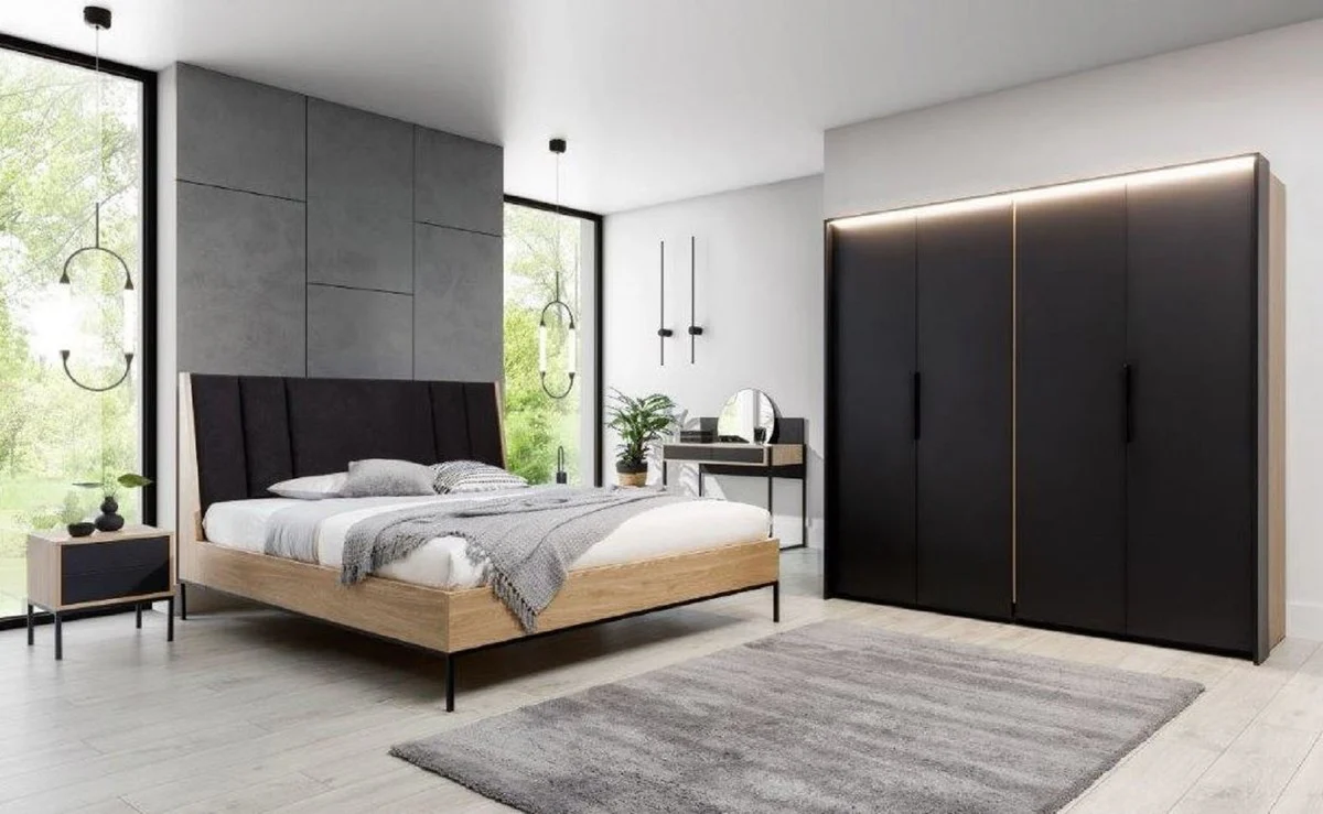 Luxus Doppelbett Schwarz / Naturfarben - Edles Massivholz Bett mit Kopfteil - Schlafzimmer Möbel - Hotel Möbel - Luxus Möbel - Schlafzimmer Einrichtung - Luxus Einrichtung