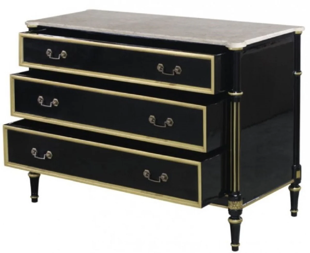 Luxus Barock Kommode mit 3 Schubladen und Marmorplatte Schwarz / Gold / Weiß 111,3 x 52,6 x H. 81,3 cm - Luxus Möbel im Barockstil