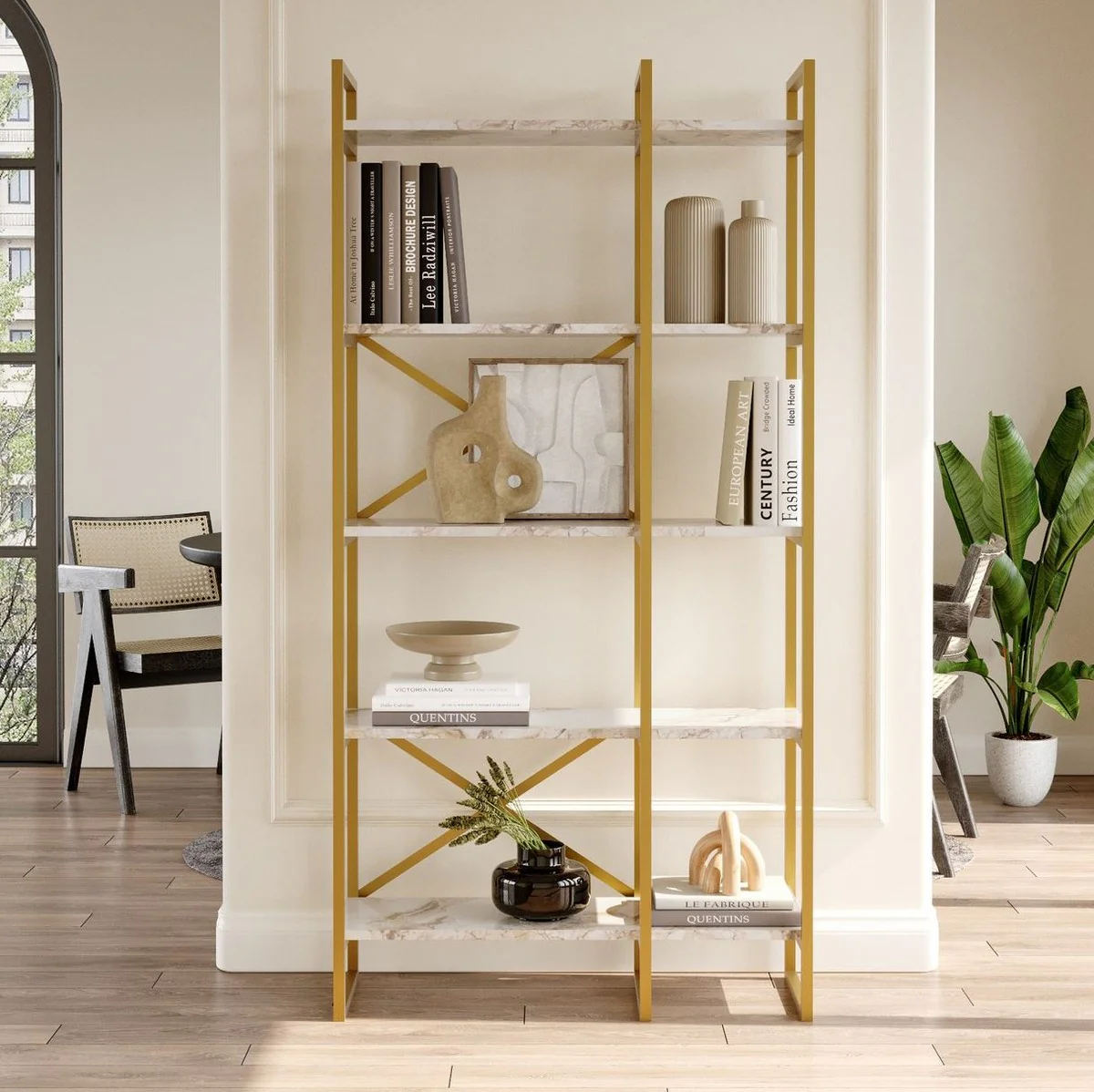 Luxus Regalschrank mit Marmor Regalen Gold / Weiß 87,5 x 30 x H. 175 cm - Bücherschrank - Wohnzimmer Schrank - Büro Schrank - Wohnzimmer Möbel - Büro Möbel - Luxus Möbel