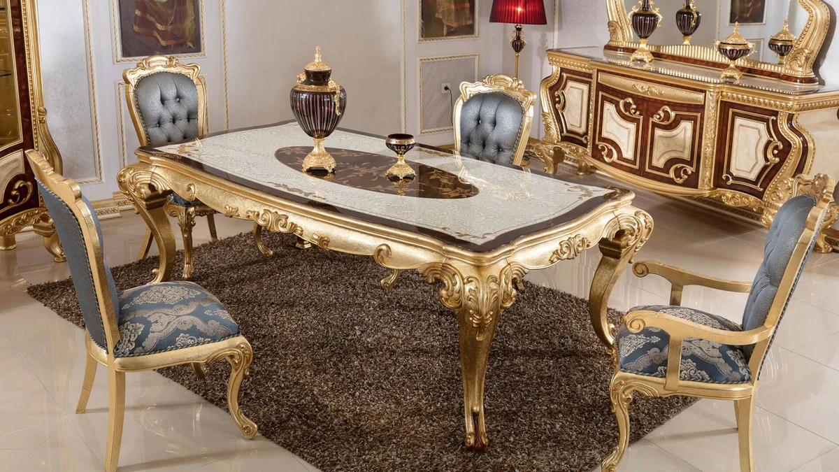 Luxus Barock Esszimmer Set Blau / Weiß / Braun / Gold - 1 Barock Esstisch & 6 Barock Esszimmerstühle - Barock Esszimmer Möbel - Luxus Möbel im Barockstil - Edel & Prunkvoll