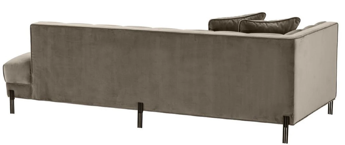Luxus Lounge Sofa Greige / Schwarz 223 x 95 x H. 68 cm - Linksseitiges Wohnzimmer Sofa mit edlem Samtsoff und 2 Kissen