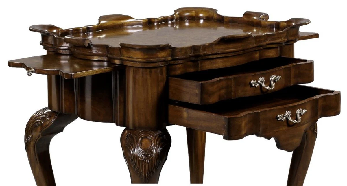 Luxus Barock Beistelltisch mit 2 Schubladen und abnehmbarem Tablett Braun 82 x 62 x H. 80 cm - Eleganter Mahagoni Teetisch - Barock Wohnzimmer Möbel - Luxus Qualität